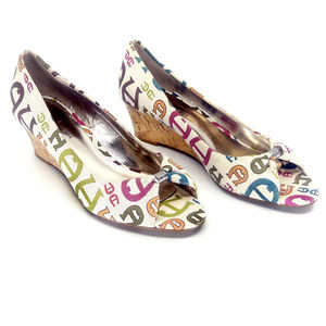 Etienne Aigner Diana Canvas Peep Toe Cork Wedges